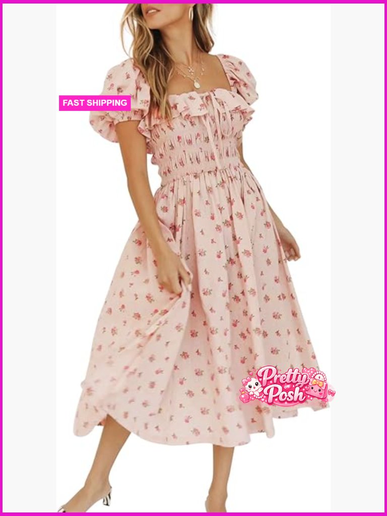 Cotton Midi Dress With Puff Sleeves And Ruffles